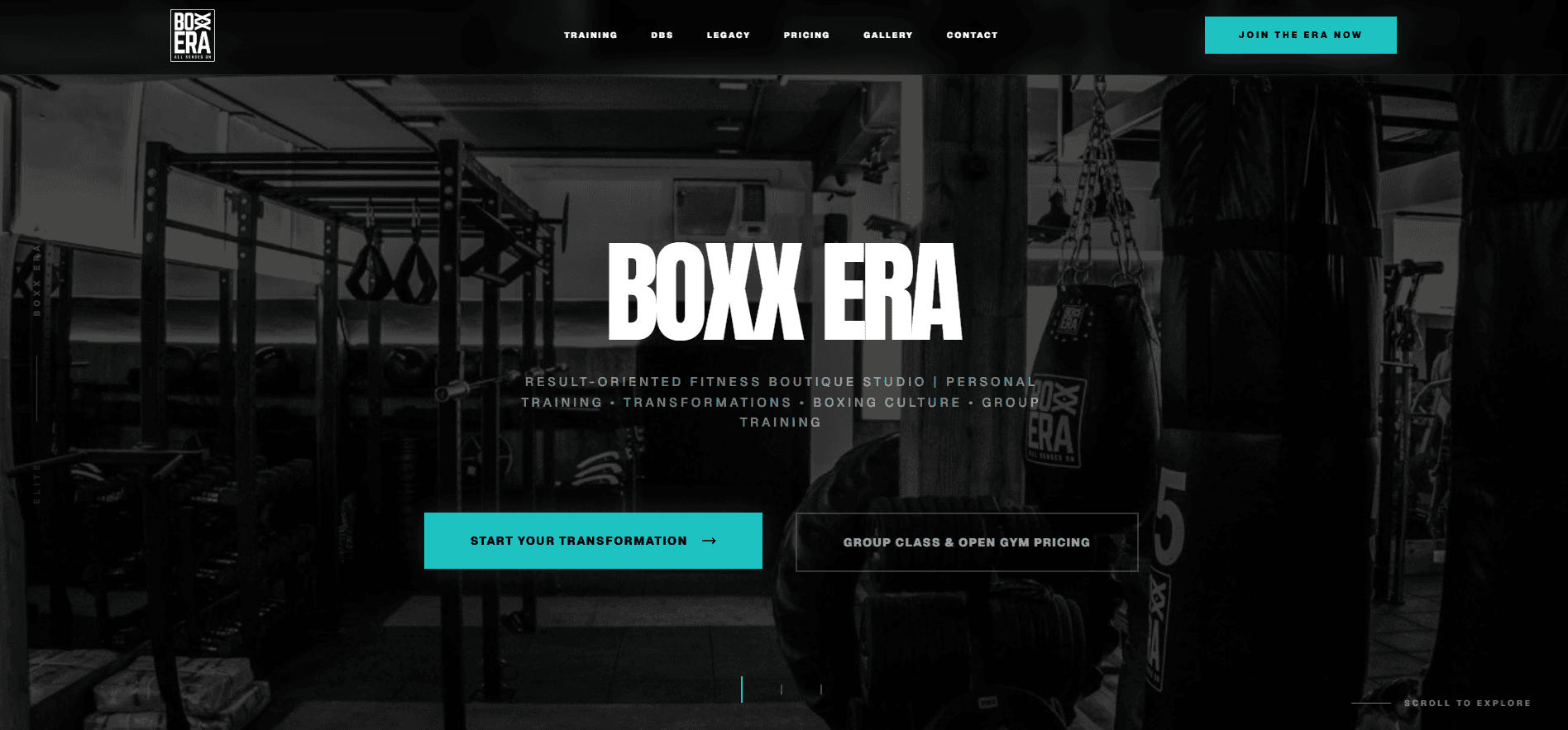Boxx Era gym website hero with training CTAs